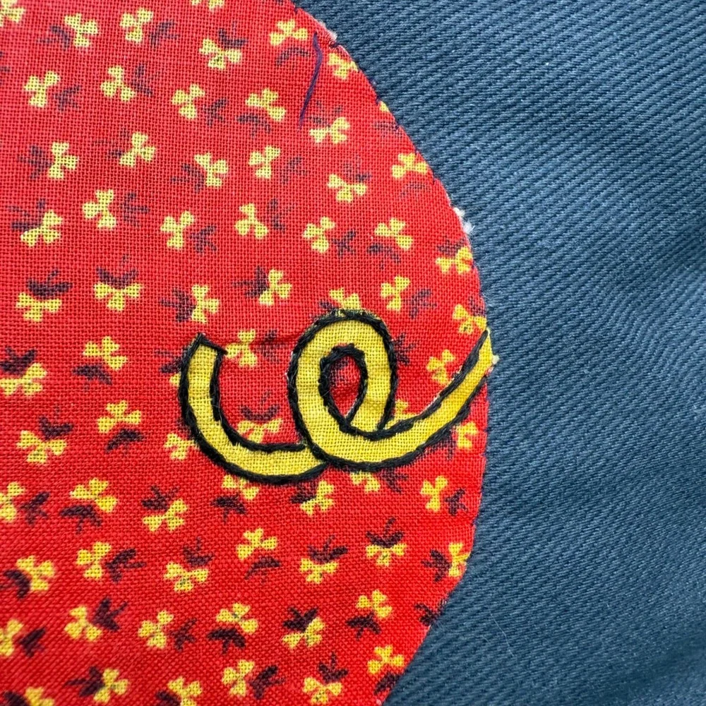 Vintage Handmade Pig Applique Throw Pillow Cottage Farmhouse Red Floral Denim
